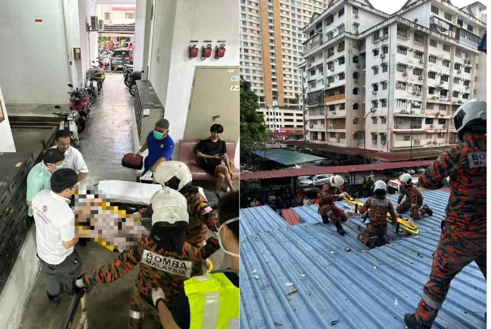 Pasukan bomba sedang membantu mangsa di tingkat satu flat berkenaan sebelum mangsa yang tidak sedarkan diri dibawa ke hospital untuk rawatan lanjut.
