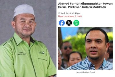 Mohd Tarmizi (kiri) melihat melihat hasrat PKR untuk meletakkan Setiausaha Khas kepada Perdana Menteri, Datuk Ahmad Farhan Fauzi sebagai calon di Parlimen Indera Mahkota sebagai 'langkah berisiko' buat parti itu.