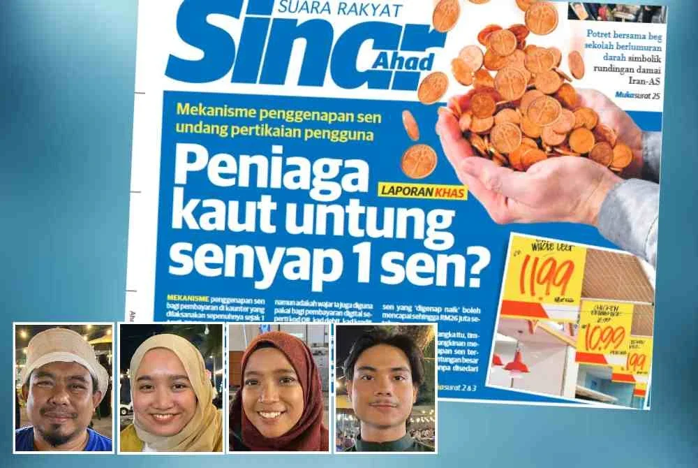 Laporan muka depan Sinar Ahad mengenai peniaga kaut untung senyap 1 sen? Gambar kecil dari kiri: Fikri Hazriq, Yasmin Natasha, Farra Haireen, Ahmad Soleh