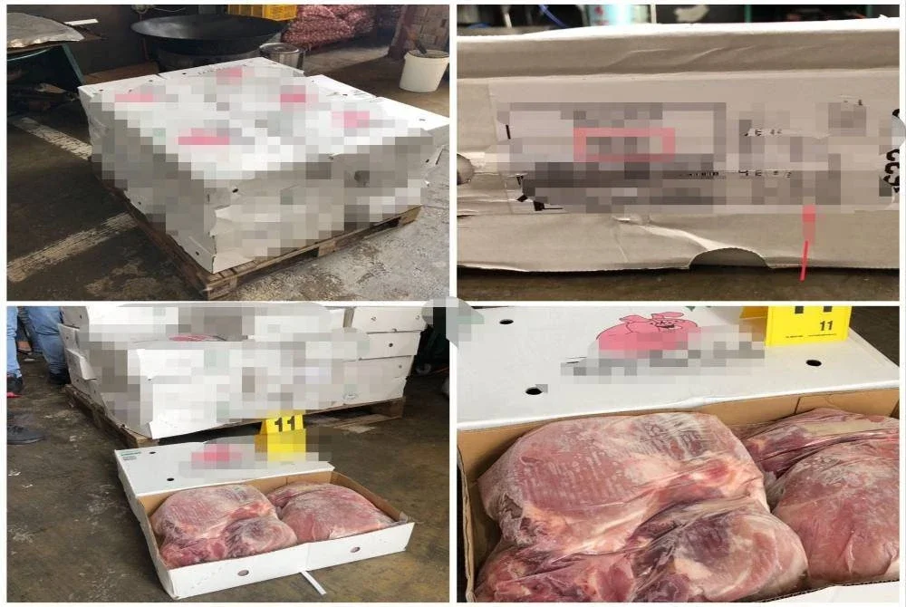 Karkas babi yang dirampas dipercayai diimport dari Sepanyol.
