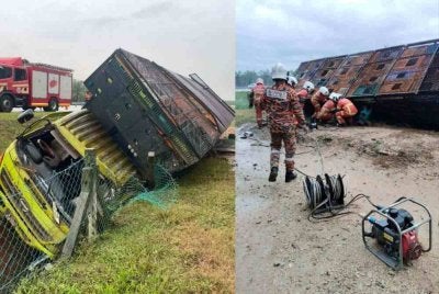 Dua lelaki maut selepas tercampak keluar dari lori dinaiki di Kilometer 194.7 Lebuhraya Pesisiran Pantai Barat (WCE) arah utara pada Selasa. Foto JBPM Perak