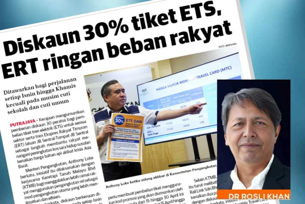 Laporan Sinar Harian pada Rabu mengenai diskaun tiket ETS. Gambar kecil: Dr Rosli Azad Khan