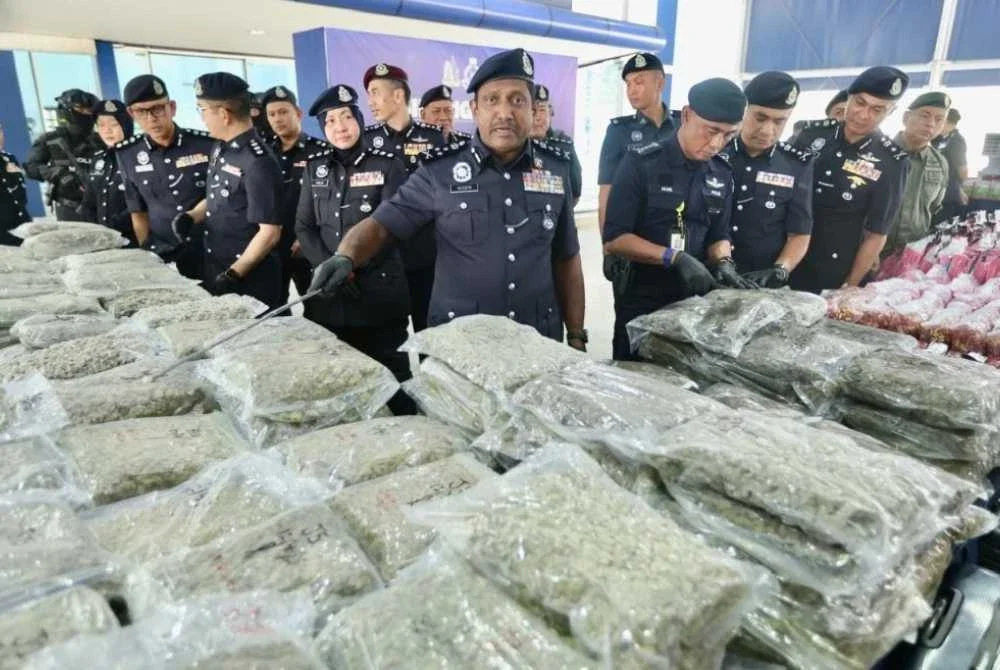 Hussein menunjukkan bunga ganja yang dirampas.