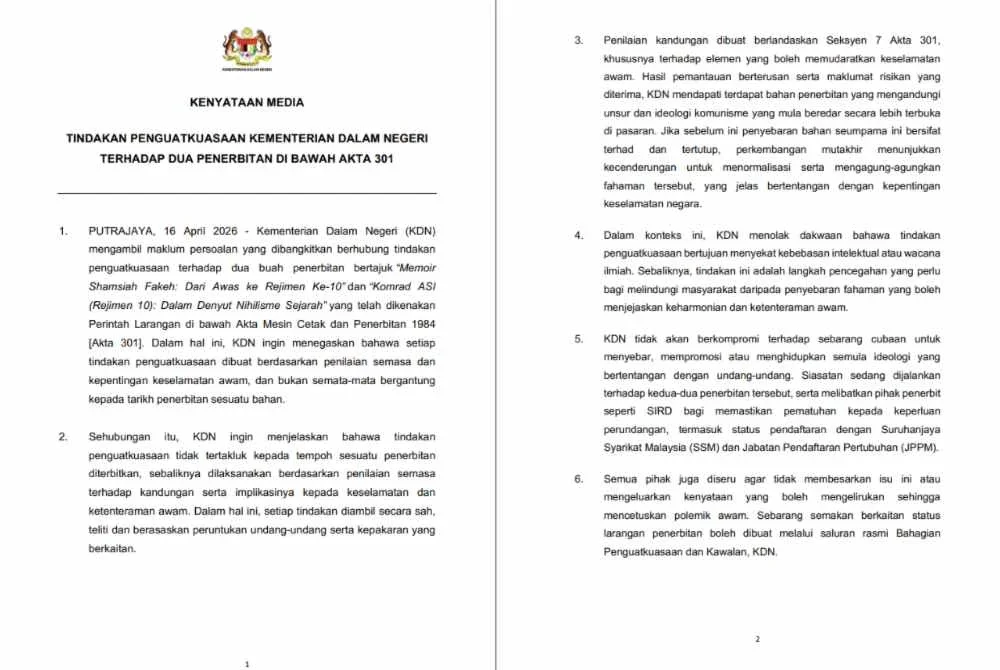 Kenyataan KDN mengenai dua buku yang diharamkan.