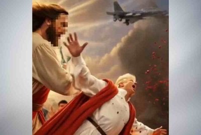 Dalam video janaan AI berkenaan mengambarkan Trump ditolak ke dalam 'kolam api'. Foto Agensi