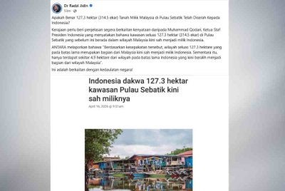 Hantaran Facebook Mohd Radzi berhubung isu Pulau Sebatik pada Khamis.
