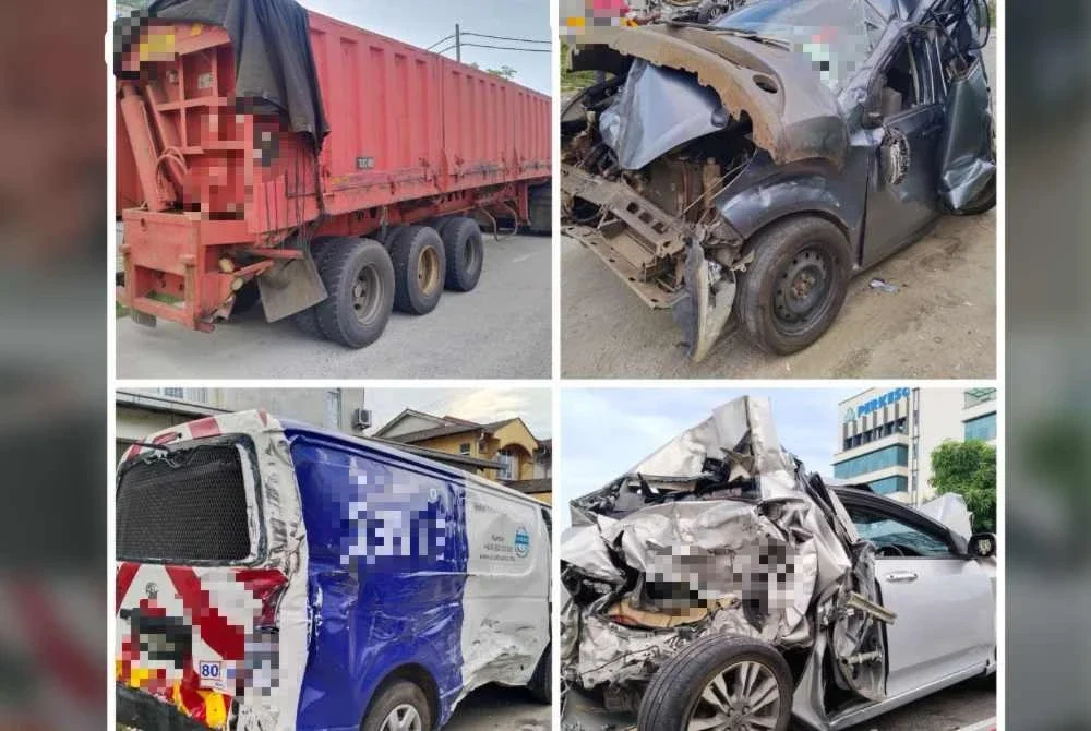 Kerosakan teruk yang dialami oleh empat daripada lima kenderaan yang terlibat dalam kemalangan di Jalan Kuantan Bypass-Gebeng pada Jumaat. Foto: PDRM