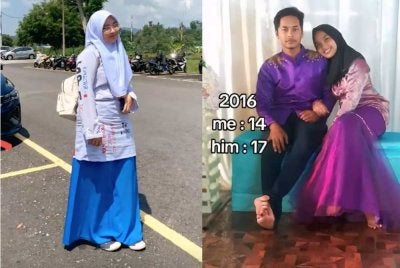 Gambar kiri: Ummul Afifah Husna menduduki SPM sebagai calon persendirian pada tahun lepas. Gambar kanan: Bersama suami selepas berkahwin pada usia 14 tahun. - Foto Ihsan Ummul Afifah Husna