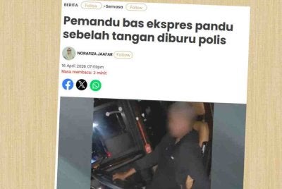 Laporan Sinar Harian pada Khamis mengenai pemandu bas ekspres pandu sebelah tangan diburu polis.