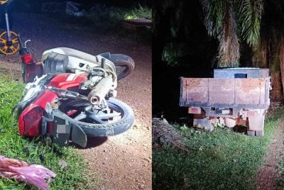 Lori ditemui dalam ladang sawit, dipercayai ditinggalkan pemandunya selepas terbabit kemalangan maut mengorbankan nyawa penunggang motosikal berhampiran simpang Kilang Sawit Seroja, Jengka 18 pada Jumaat. Foto: Polis Maran