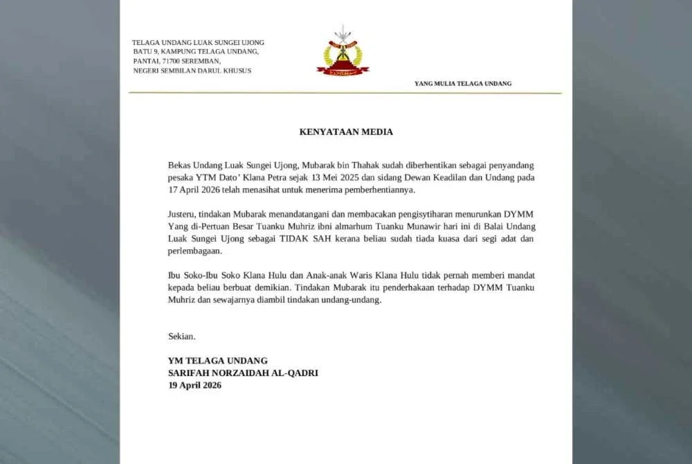 Kenyataan dikeluarkan Telaga Undang pada Ahad. 