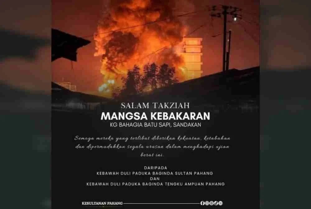 Baginda berdua menerusi hantaran di Facebook Kesultanan Pahang pada Isnin turut mendoakan agar mereka terlibat diberikan kekuatan, ketabahan dan dipermudah segala urusan dalam menghadapi ujian berat itu.