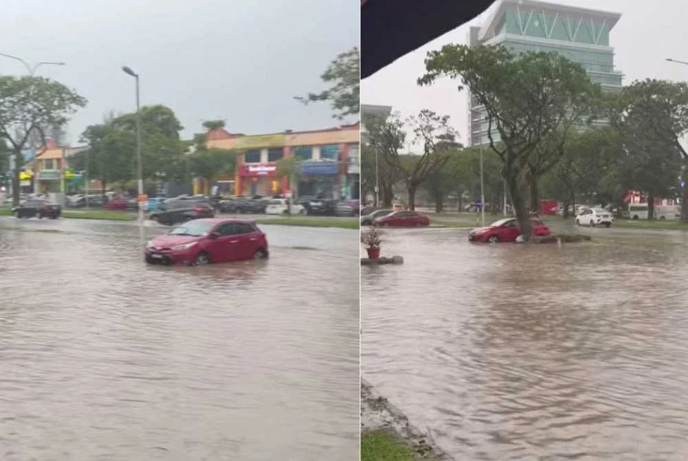 Tangkap layar keadaan beberapa jalan sekitar Seksyen 13, Shah Alam dalam kejadian banjir kilat pada Isnin.
