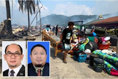 Beberapa penduduk memindahkan peralatan rumah mereka yang berjaya diselamatkan dalam kebakaran di perkampungan atas air Kampung Bahagia, Sandakan awal pagi Ahad. (Foto Bernama). Gambar kecil kiri, Mohammad Shatar dan Hairulnizam