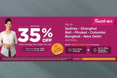 Batik Air menawarkan diskaun hingga 35 peratus bagi tambang Economy Value dan Economy Flexi.