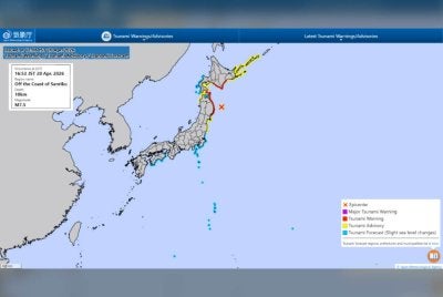 Gempa bumi kuat berukuran 7.5 pada skala Richter menggegarkan timur laut dan utara Jepun pada Isnin. Foto Agensi