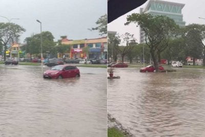 Tangkap layar keadaan beberapa jalan sekitar Seksyen 13, Shah Alam dalam kejadian banjir kilat pada Isnin.