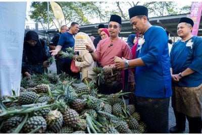 Abdul Rashid (depan, tiga kanan) menunjukkan tanda harga buah nanas madu yang dijual pada harga RM0.50 sebiji pada Program Jualan Agro Madani Edisi Johor di Ibu Pejabat FAMA Bandar Baru Selayang pada Isnin. Foto Bernama