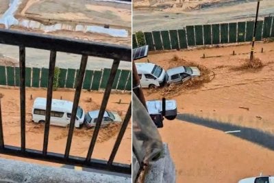 Aliran air bercampur lumpur dari kawasan Habu Height telah melimpah ke jalan utama susulan hujan lebat bermula kira-kira jam 2 petang.