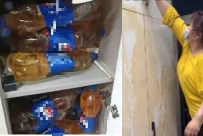 Gambar menunjukkan air kencing disimpan dalam botol. - Foto tular/media sosial