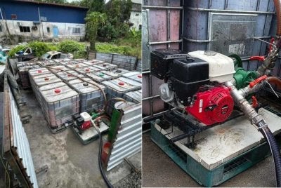 Tangki IBC dan peralatan pemindahan minyak sawit dirampas dalam serbuan di Batu Pahat pada Rabu. - Foto: PSP Bukit Aman 
