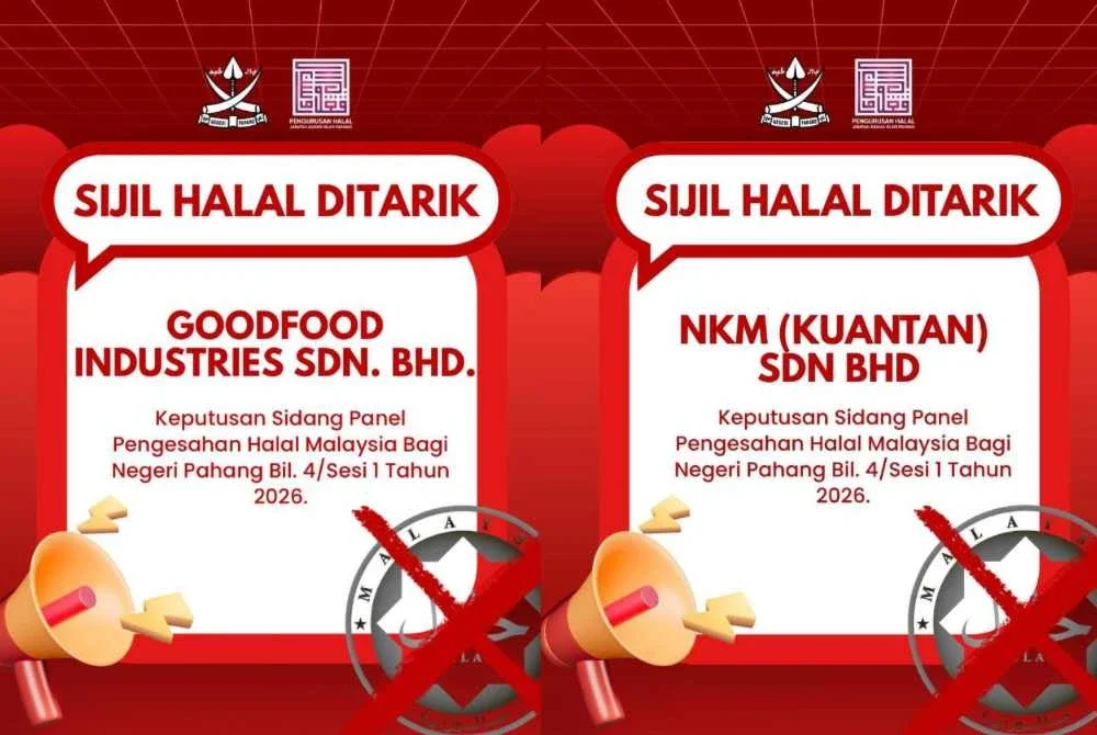 JAIP menarik balik sijil pengesahan halal dua syarikat berkuat kuasa serta-merta. Foto FB Jabatan Agama Islam Pahang