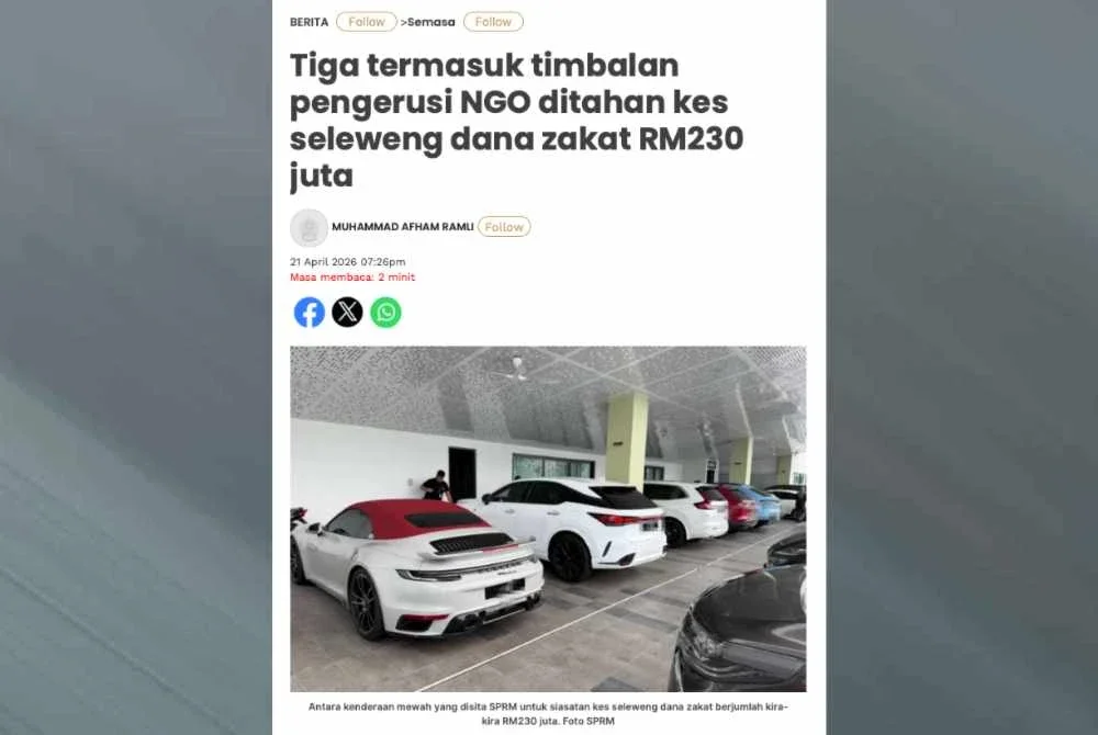 Laporan Sinar Harian pada Selasa berhubung penahanan tiga individu termasuk seorang timbalan pengerusi sebuah NGO kerana disyaki menyeleweng dana zakat berjumlah kira-kira RM230 juta.
