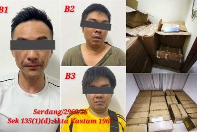 Antara suspek yang diberkas manakala kotak dipercayai mengandungi pelbagai rokok tidak bercukai dirampas dalam serbuan berkenaan pada Rabu.