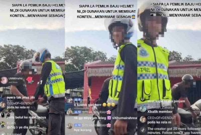 Tular video di media sosial memaparkan seorang lelaki memakai vest dan helmet polis sebelum ketika menahan seorang penunggang motosikal.
