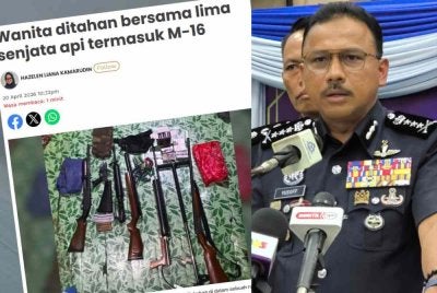 Mohd Yusoff (kanan) dan laporan Sinar Harian berhubung rampasan lima laras senjata api di Kampung Miah.