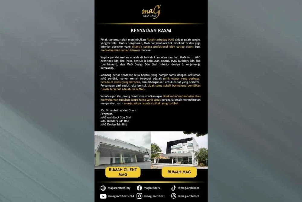 Penjelasan pengarah firma arkitek berkenaan terhadap spekulasi yang timbul.