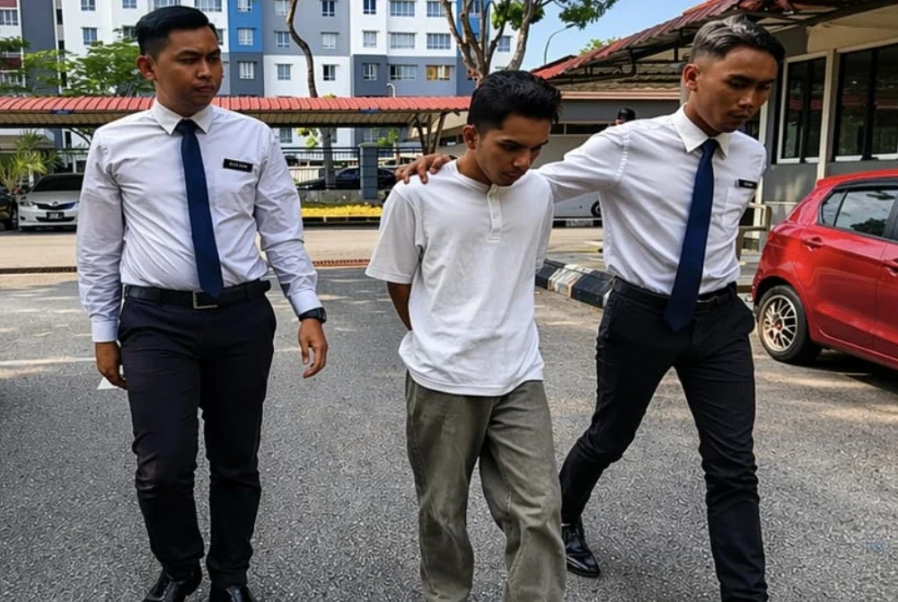 Tengku Ahmad Ariff Mulia dibawa polis ke Mahkamah Majistret Seremban pada Jumaat.