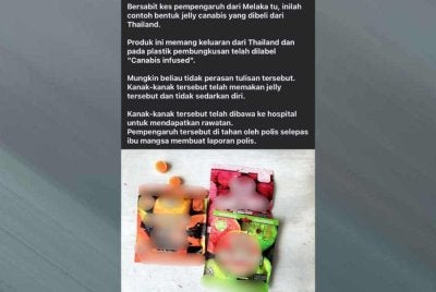 Tangkap layar hantaran dimuat naik di media sosial berkaitan dakwaan terdapat gula-gula jenis ganja di pasaran.