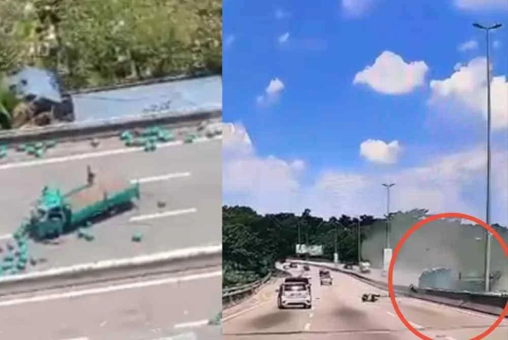 Tangkap layar kejadian tular lori yang dipandu warga asing terbabas dan terbalik di KM 6.4 Lebuhraya Silk pada Jumaat.