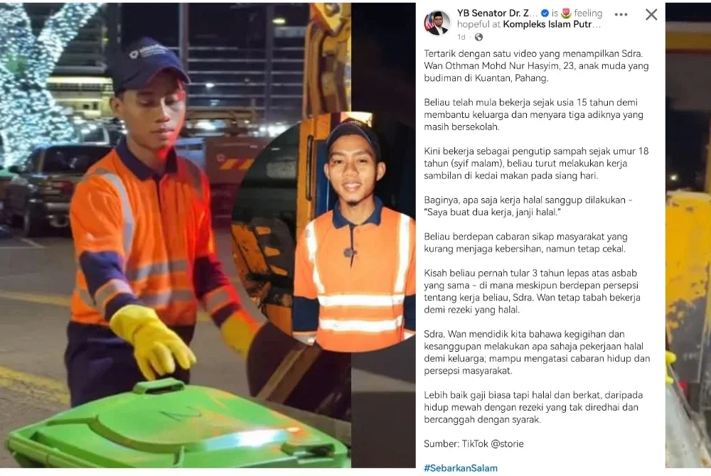 Kegigihan anak muda yang bekerja sebagai pengutip sampah mendapat perhatian Menteri di Jabatan Perdana Menteri (Hal Ehwal Agama), Dr Zulkifli Hasan.
