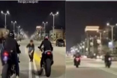 Tangkap layar video tular di media sosial yang memaparkan dua motosikal berkuasa tinggi dipercayai ditunggang secara berbahaya.