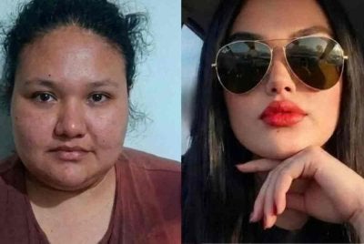 Wajah sebenar Grecia ketika ditemui polis (kiri) dan gambar yang disunting secara berlebihan. Foto Pembaca