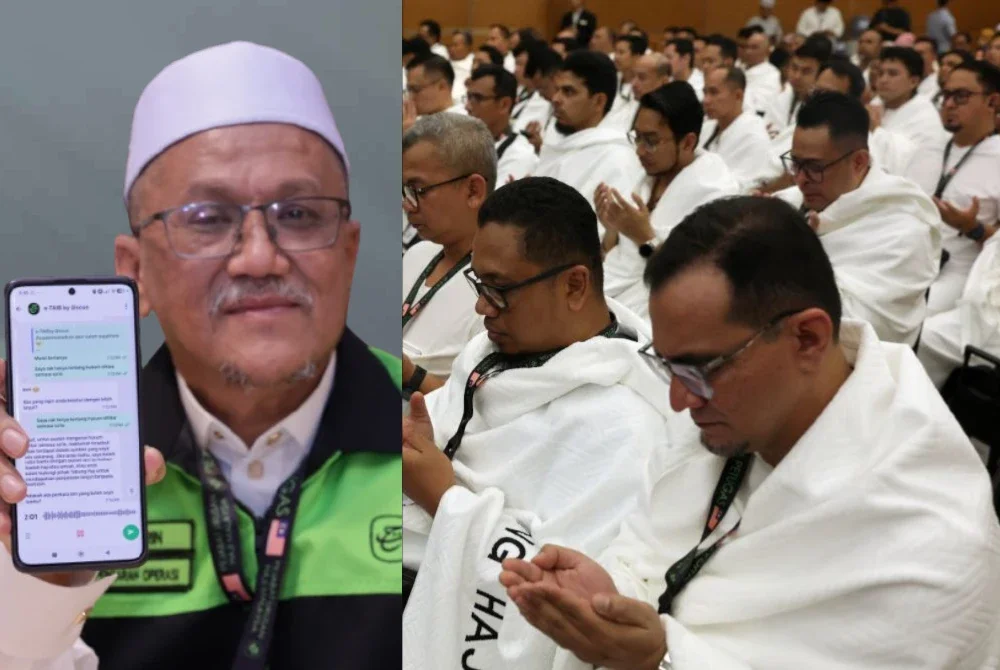 Shahrin (kiri) menunjukkan platform e-TAIB Live Chat melalui aplikasi WhatsApp.