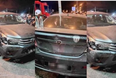 Antara empat kenderaan yang terlibat dalam kemalangan di persimpangan lampu isyarat berhampiran Taman Uda, Paka pada Sabtu.