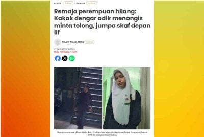 Laporan Sinar Harian mengenai remaja perempuan hilang di PPR Sri Malaysia, Desa Petaling di sini, sejak Jumaat lalu