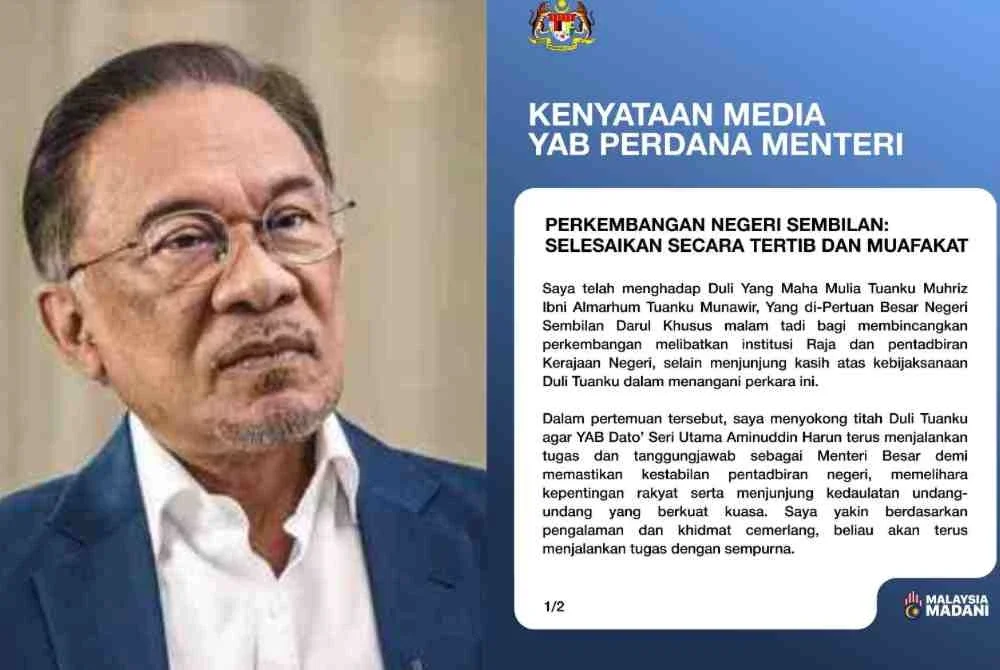 Kenyataan media Anwar mengenai Aminuddin Harun akan terus menggalas tugas dan tanggungjawab sebagai Menteri Besar Negeri Sembilan.