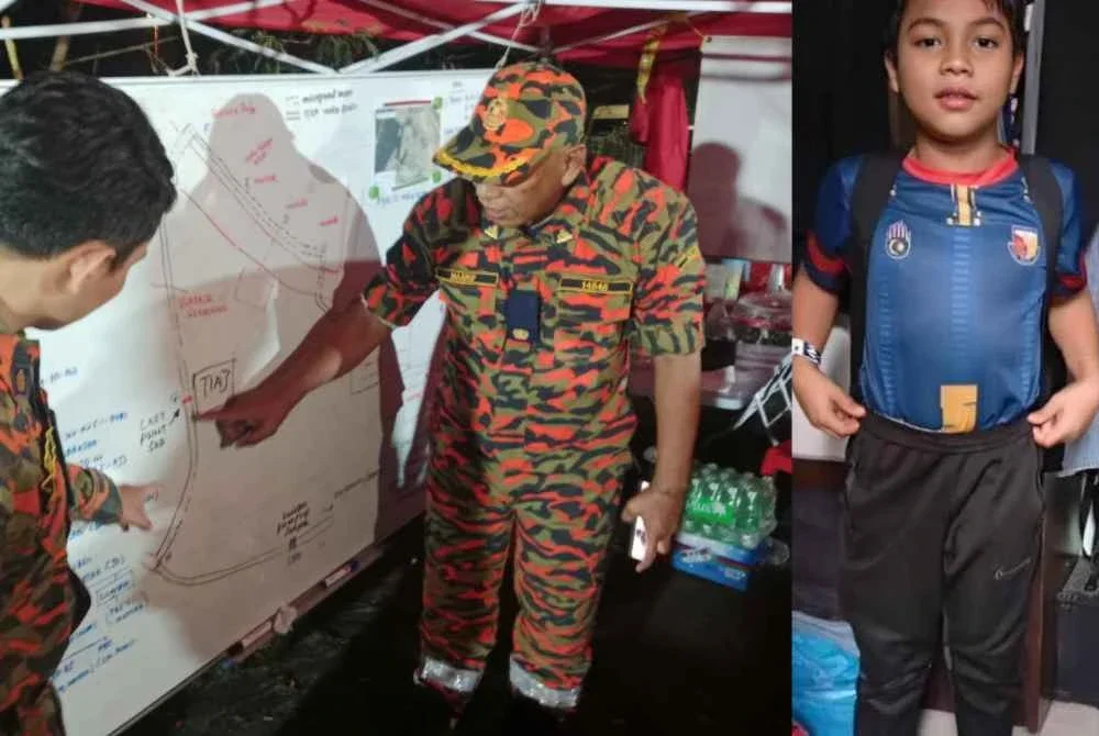 Samsol Maarif menunjukkan peta pencarian mangsa (gambar kanan) yang dipercayai terjatuh ke dalam longkang di Bandar Puncak Alam.