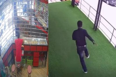Tangkap layar video kejadian yang tular memaparkan suspek berpura-pura sebagai pelanggan sebelum melarikan gelang emas.