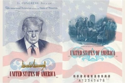 Foto rasmi Trump diletakkan di atas latar Pengisytiharan Kemerdekaan, lengkap dengan tandatangannya berwarna emas di bahagian bawah. - Gambar X @StateDept
