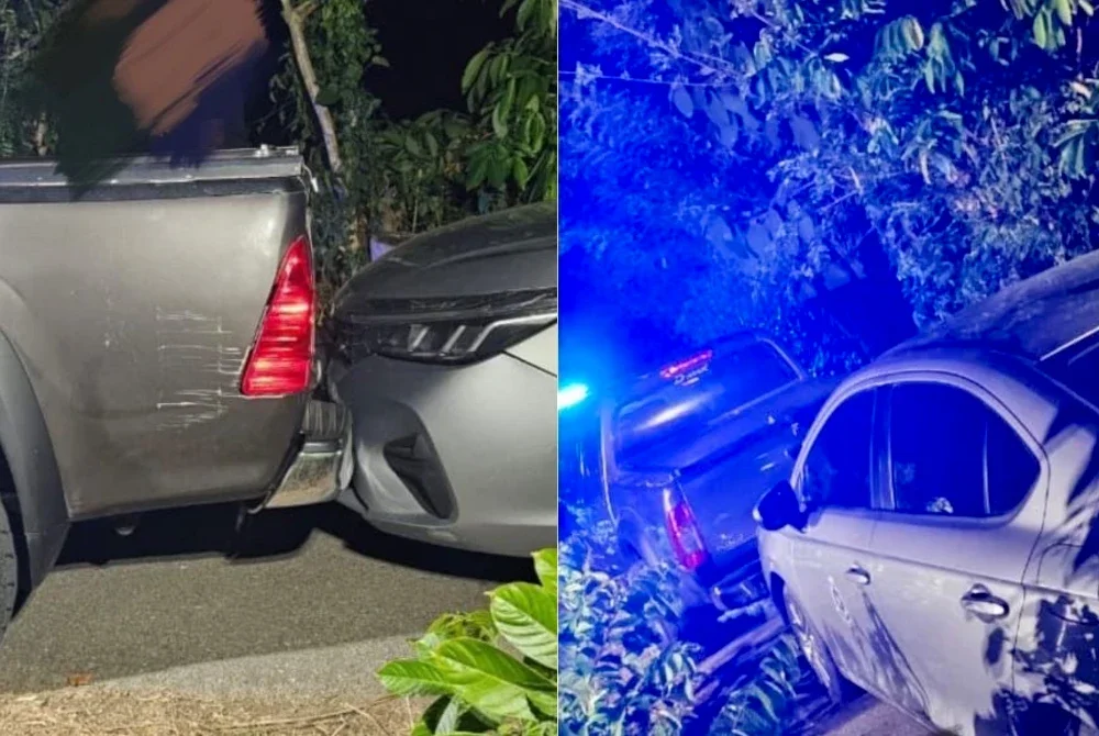 Kenderaan suspek melanggar kereta polis dalam kejadian di tepi sawah Jalan Masjid Tok Che Dol, Tanah Merah.