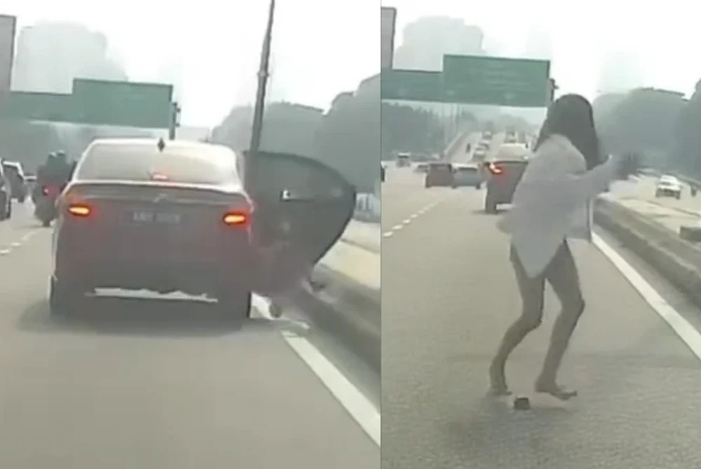 Tangkap layar video tular memaparkan seorang wanita terjun dari kereta pada Jumaat.