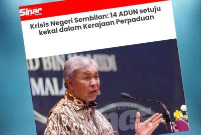 Keratan laporan Sinar Harian mengenai krisis politik di Negeri Sembilan. 