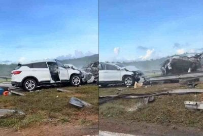Seorang lelaki maut manakala dua anak perempuannya cedera dalam kemalangan melibatkan tiga kenderaan di Kilometer 290 LPT2 berhampiran susur keluar Plaza Tol Chukai, semalam. Foto media sosial