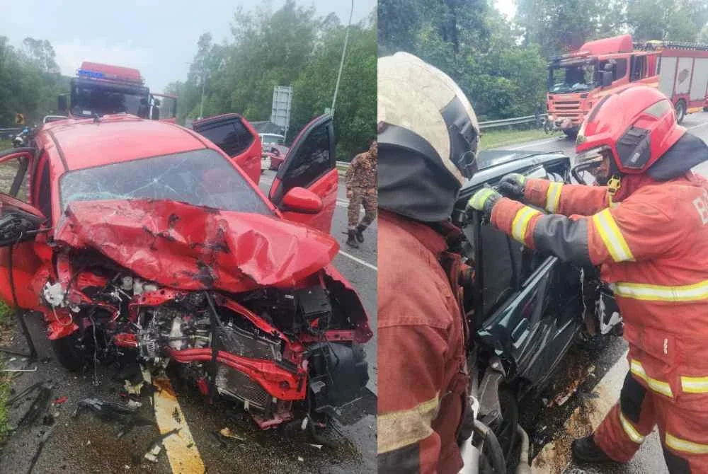 Anggota bomba sedang menjalankan usaha mengeluarkan mangsa terlibat dalam kemalangan di Persiaran Mokhtar Dahari pada Isnin.