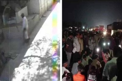 Gambar kiri menunjukkan rakaman CCTV yang membawa kepada penahanan suspek. Insiden itu turut mencetuskan demonstrasi disertai penduduk setempat. Foto Agensi